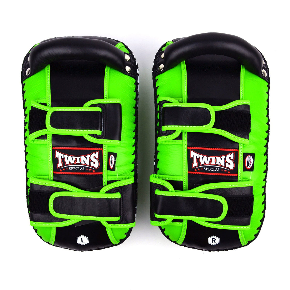 Twins Special KPL10 Curved Leather Thai Kick Pads - Green-Black