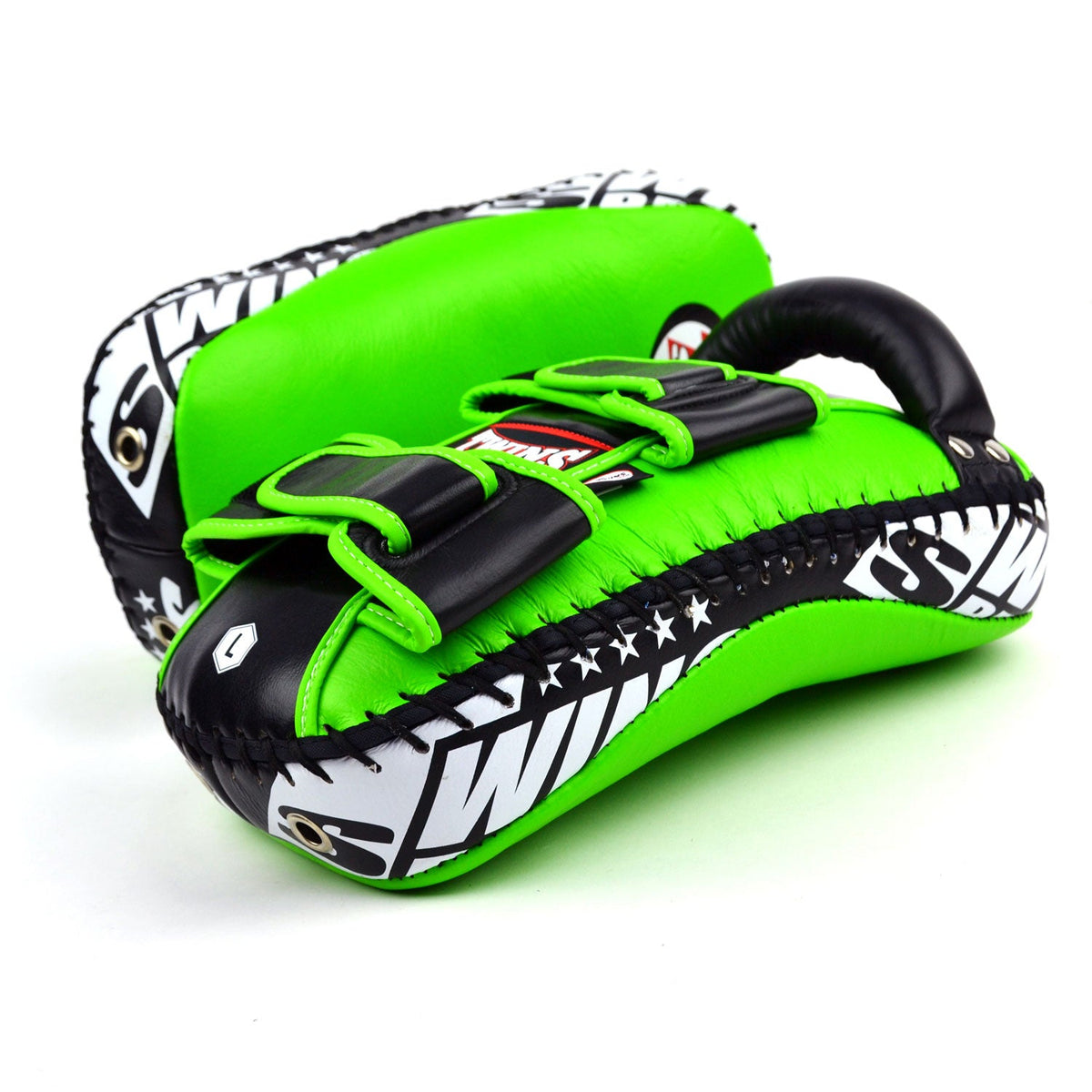 Twins Special KPL10 Curved Leather Thai Kick Pads - Green-Black