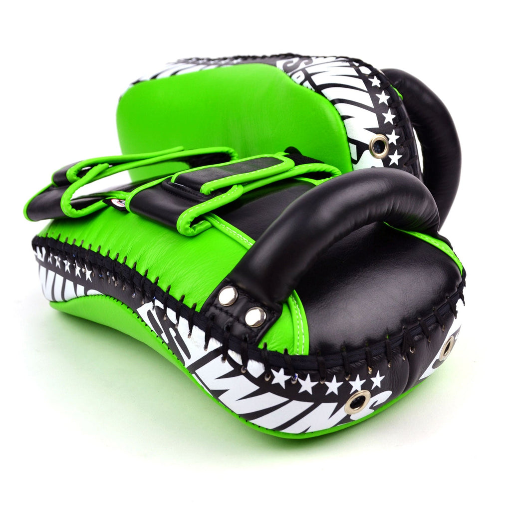 Twins Special KPL10 Curved Leather Thai Kick Pads - Green-Black