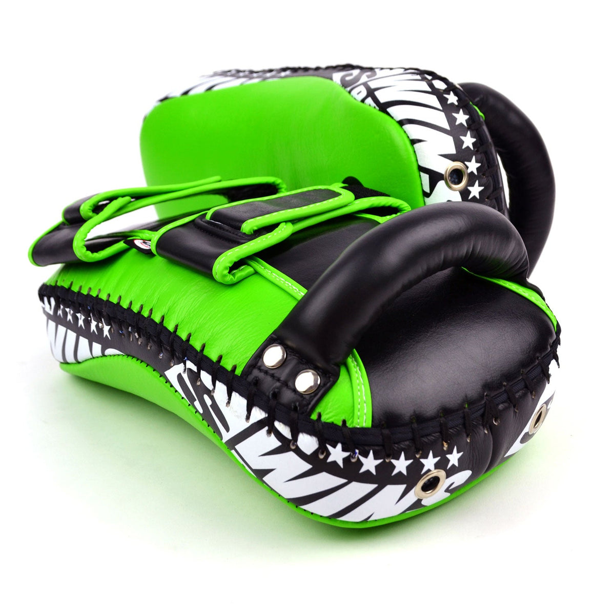 Twins Special KPL10 Curved Leather Thai Kick Pads - Green-Black
