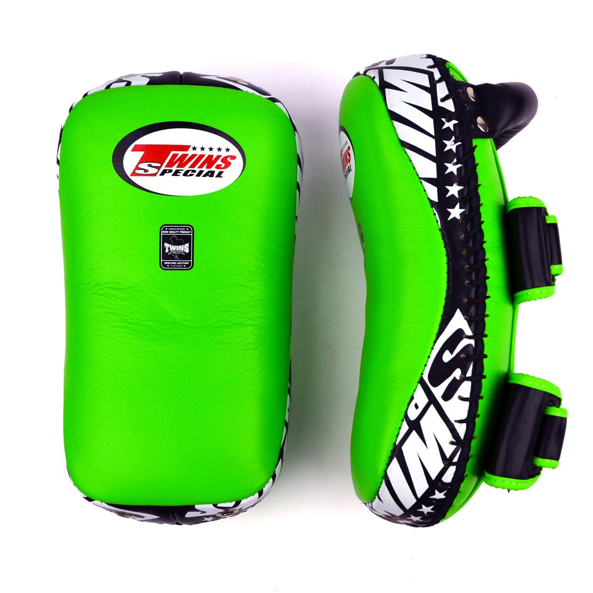 Twins Special KPL10 Curved Leather Thai Kick Pads - Green-Black