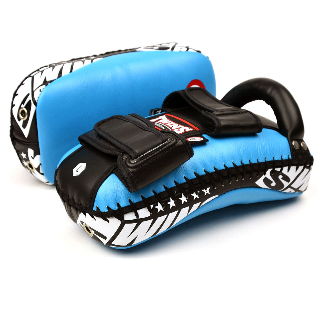 Twins Special KPL10 Curved Leather Thai Kick Pads - Light Blue-Black