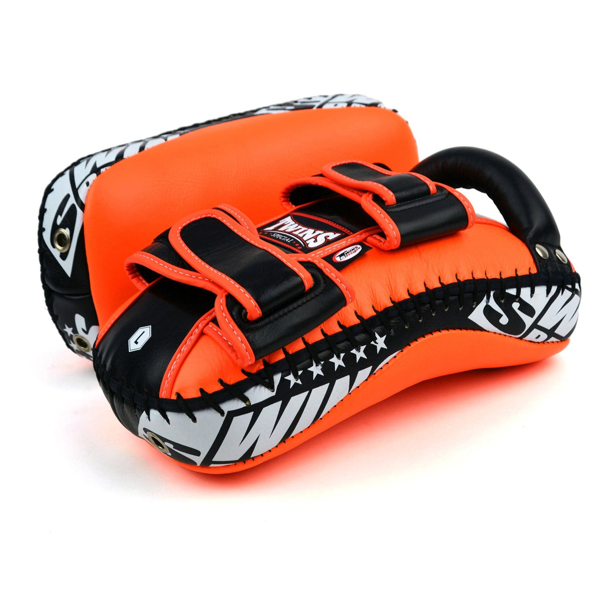 Twins Special KPL10 Curved Leather Thai Kick Pads - Orange-Black