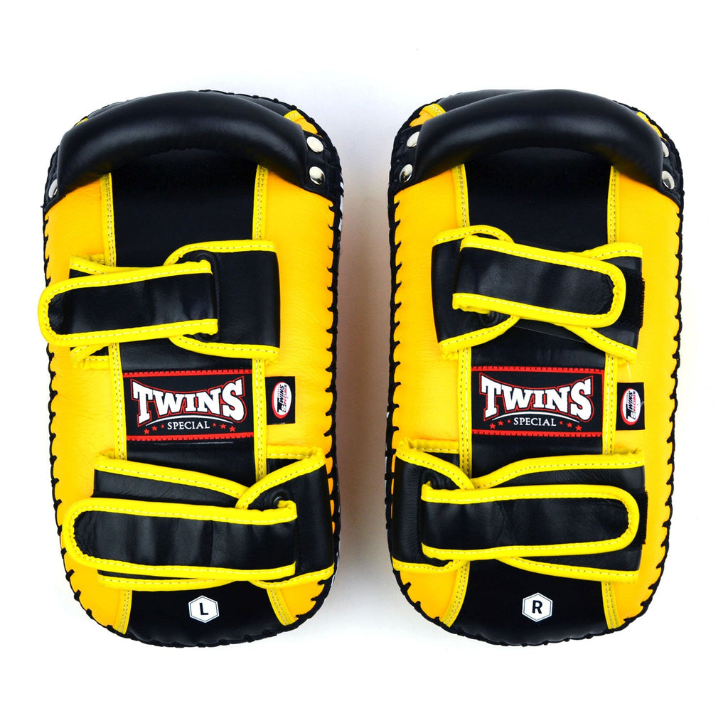 Twins Special KPL10 Curved Leather Thai Kick Pads - Yellow-Black