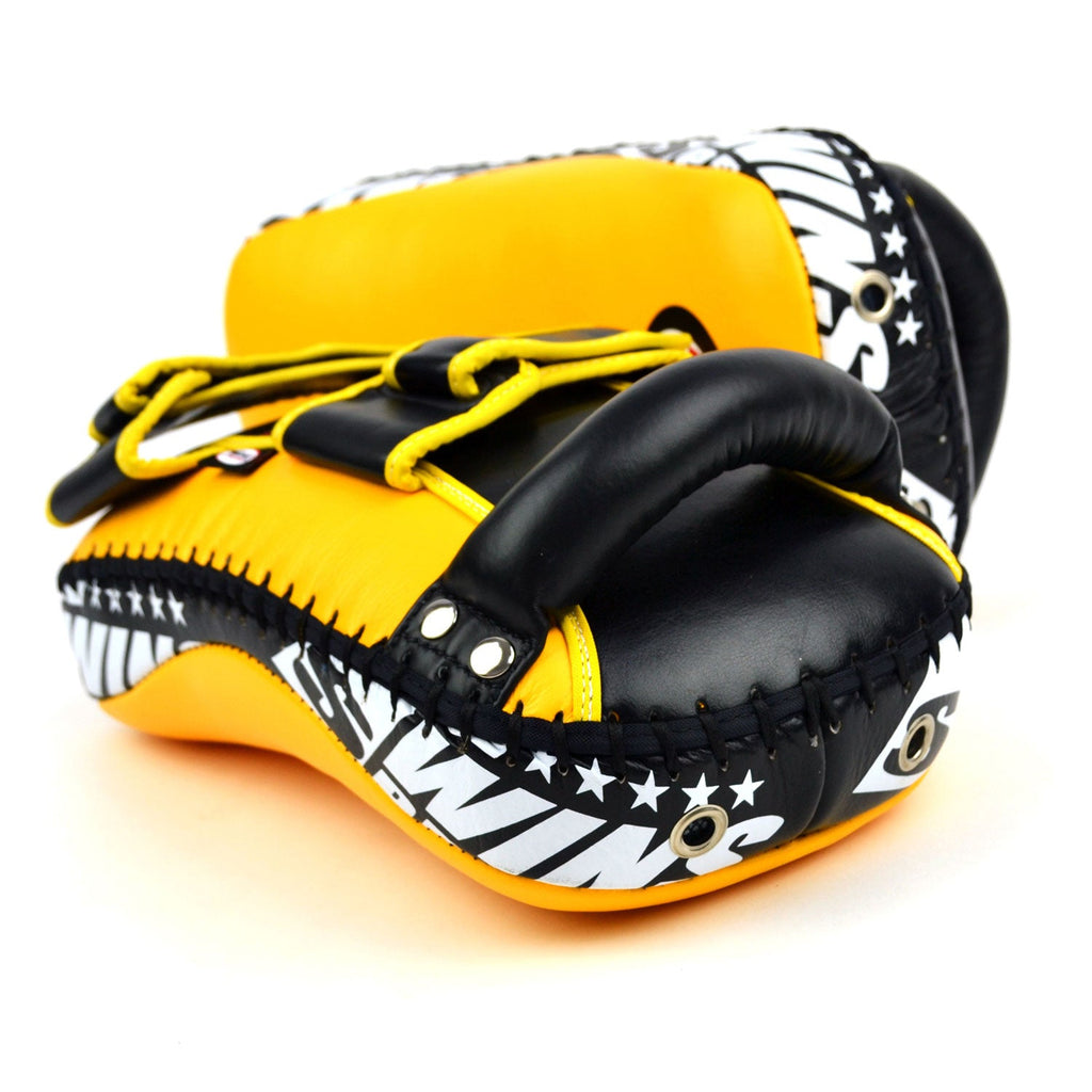 Twins Special KPL10 Curved Leather Thai Kick Pads - Yellow-Black